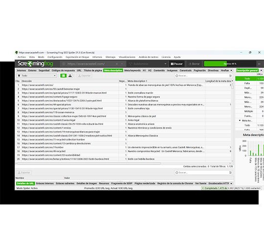 Optimización de meta titles, meta descriptions y headings Se detectaron más de 200 meta titles incorrectos o mal optimizados, y 88 páginas sin meta description. Se reescribieron títulos con foco SEO, incluyendo marca, keyword principal y estructura semántica coherente. En los encabezados, se implementó el uso correcto de h1 y h2 tanto en home como en categorías, subcategorías y blog, con enfoque en intenciones de búsqueda y jerarquía clara.