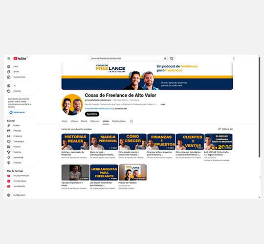 Se agruparon los episodios en playlists por problemáticas del mundo freelance. Esta reorganización mejoró la navegabilidad y aumentó la probabilidad de recomendaciones internas entre episodios y por parte del algorítmo de YouTube.