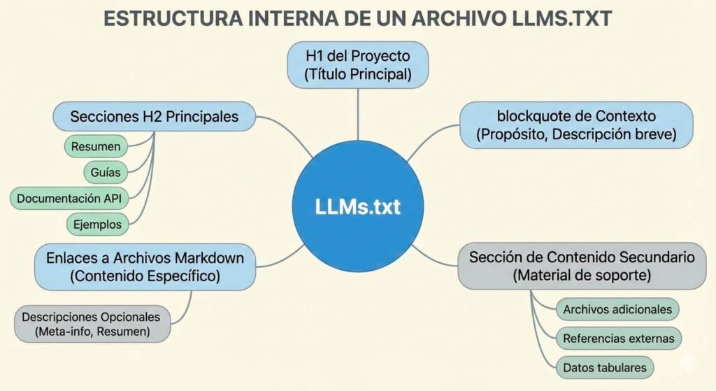 La especificación propuesta por Jeremy Howard define una arquitectura sencilla pero muy intencional. El archivo comienza con un encabezado H1 que identifica el proyecto o sitio web, obligatorio para establecer la entidad principal. A continuación, un blockquote resume en pocas líneas el contexto mínimo necesario para entender todo lo demás. Ese resumen funciona como ancla semántica para el modelo.Después puede incluirse contenido descriptivo sin encabezados, pensado para explicar cómo debe interpretarse la información enlazada o cuál es el enfoque del proyecto. El núcleo del archivo lo forman las secciones H2, cada una acompañada de listas de enlaces en Markdown. Cada enlace puede —y debería— incluir una breve descripción que explique por qué ese recurso es relevante y qué tipo de información aporta.Este diseño no busca estética. Busca optimizar decisiones automáticas de lectura. Está pensado para sistemas que necesitan priorizar, resumir y decidir qué leer primero cuando el contexto es limitado.